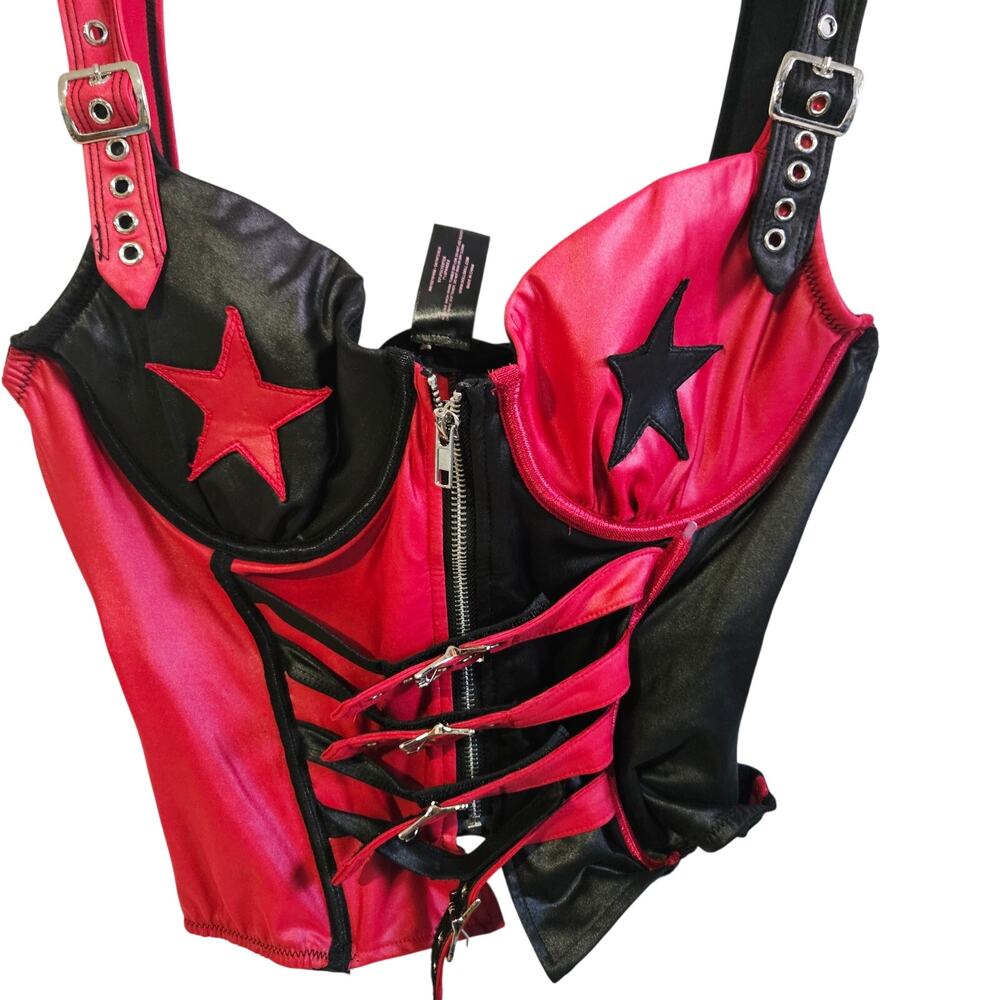 Dolls Kill Harley Quinn 2Pc Costume Red Black Corset & Pants Halloween Cosplay - Picture 2 of 11